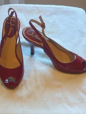Cole Haan Red Patent Peep-Toe Slingback Heels